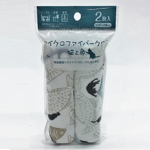 マイクロファイバークロス　２枚入猫と魚の画像